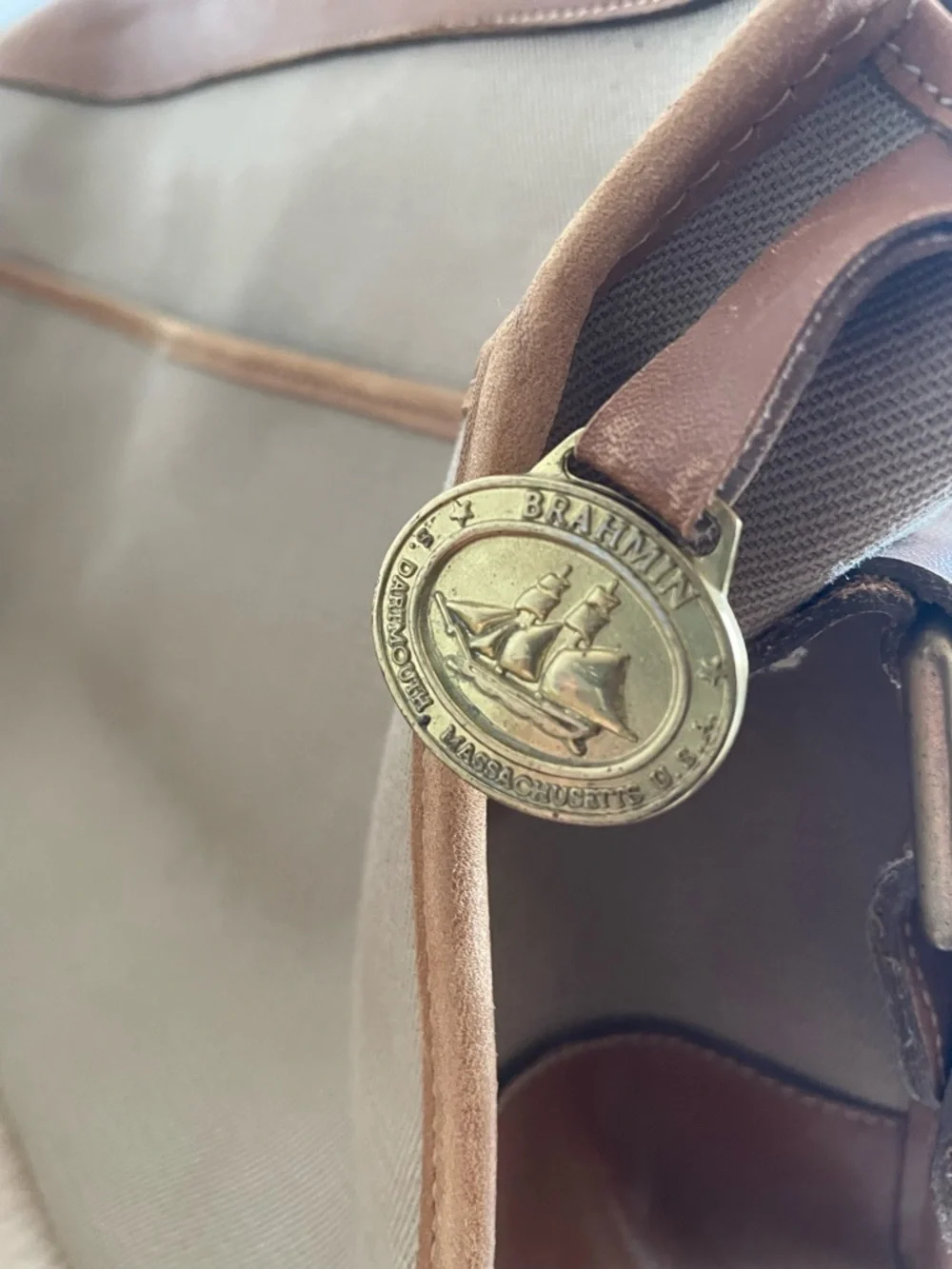 Brahmin x Sperry canvas vintage messenger laptop bag beige brown leather trim